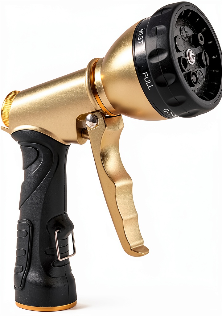 Arxive metal garden hose nozzle showing spray patterns and dimensions