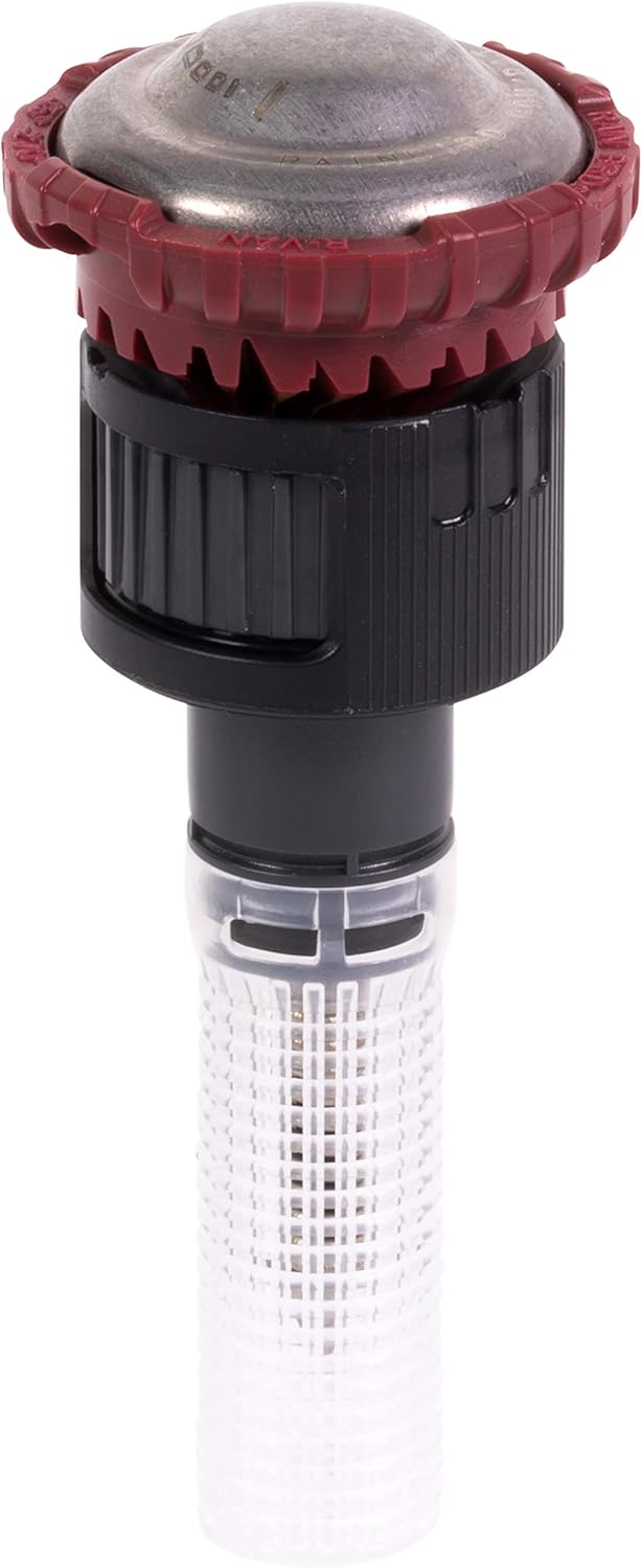 Rain Bird adjustable nozzle showing stainless steel construction and spray pattern