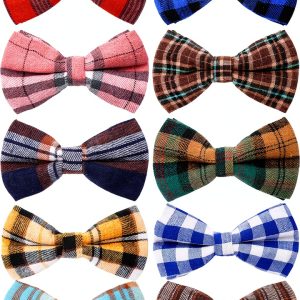 Plaid Dog Bow Tie Set 10‑Piece – Soft Polyester‑Cotton, Adjustable-0
