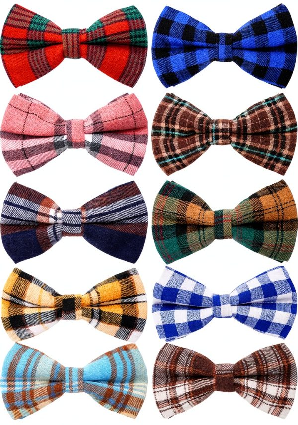 Plaid Dog Bow Tie Set 10‑Piece – Soft Polyester‑Cotton, Adjustable-0