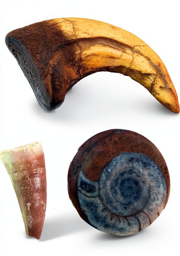 Dinosaur & Fossil Discovery Bundle – Velociraptor Claw Replica, Genuine Mosasaur Tooth & Ammonite Fossil (Set of 3)-0