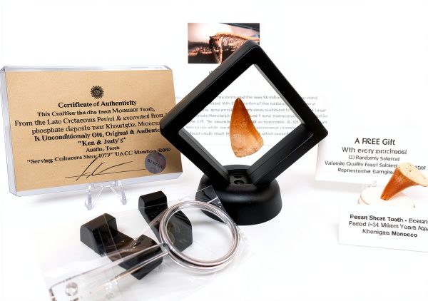 Genuine Ancient Mosasaur Huge Dinosaur Tooth Fossil from Near Khourigba,Morocco, N.Africa with Free Floating Frame Display Case, Acrylic Stand & COA Bundle-0